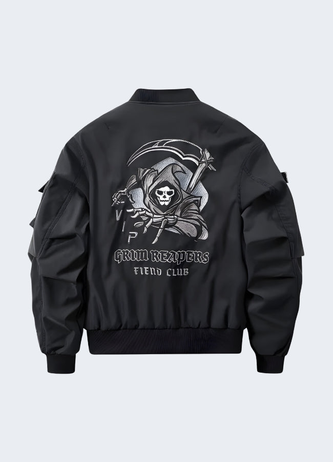 The grim reaper jacket's detailed back design features a skeletal graphic that adds a touch of macabre style. 