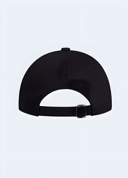 This grunge snapback dad hat visage is crowned by an intricate inscription, masterfully etched in gothic style.