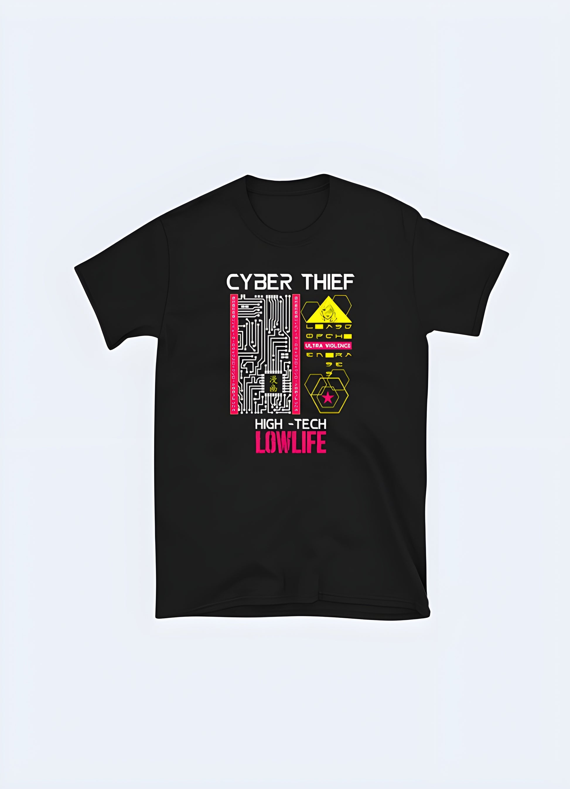 Crafted with an eye for the urbane and the avant-garde, this cyberpunk t-shirt.