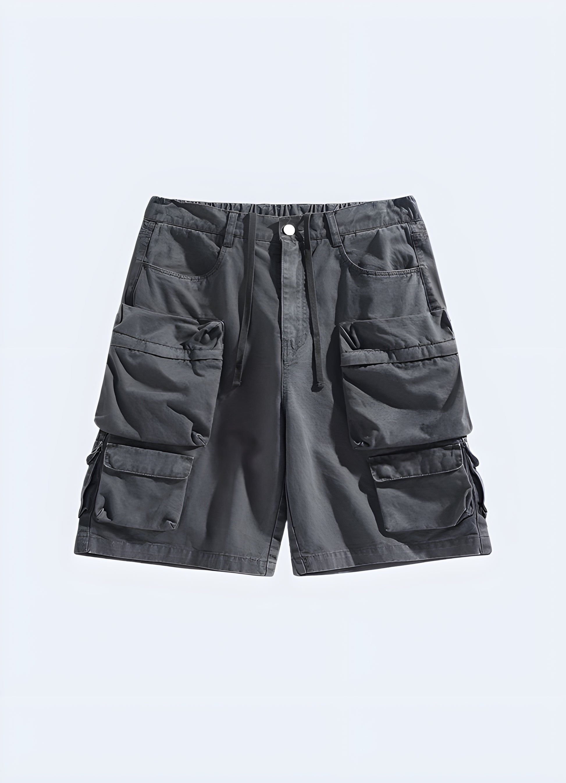 Washed black denim cargo work shorts.