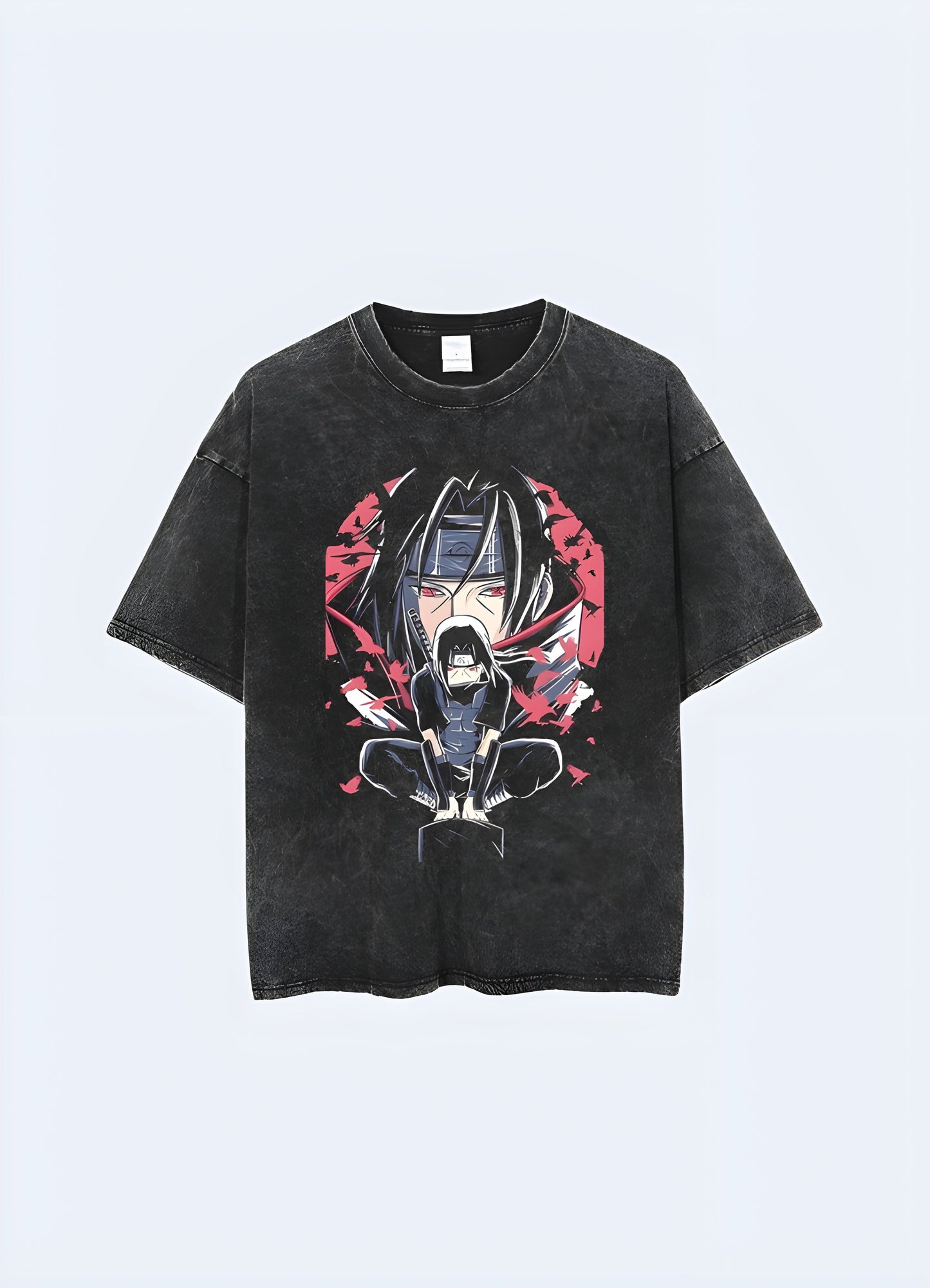 Black vintage-style anime graphic t-shirt featuring bold Itachi Uchiha design from Naruto with red and white accents.