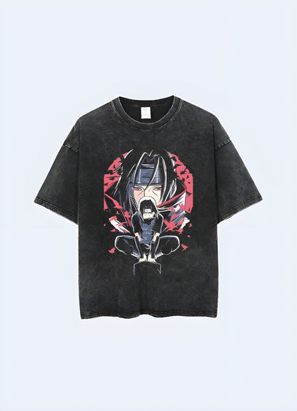 Black vintage-style anime graphic t-shirt featuring bold Itachi Uchiha design from Naruto with red and white accents.