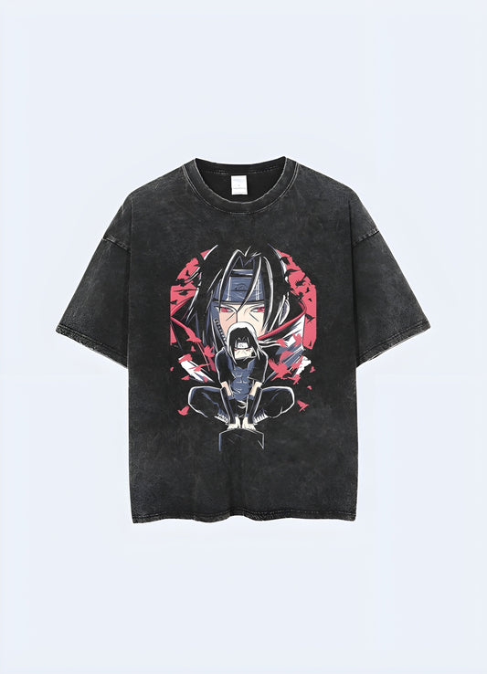 Black vintage-style anime graphic t-shirt featuring bold Itachi Uchiha design from Naruto with red and white accents.
