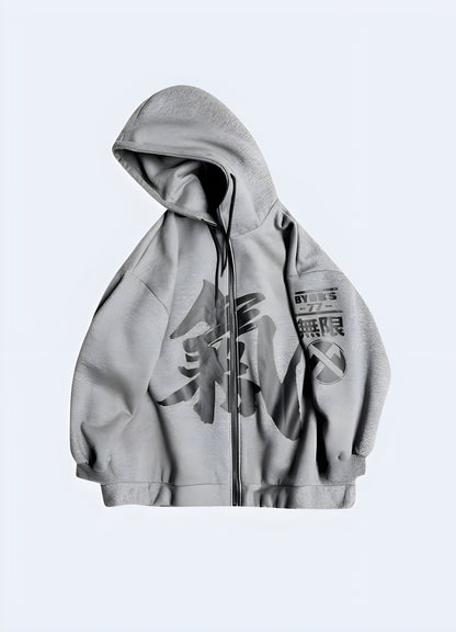 This bold, oversized zip-up hoodie for men japanese kanji hoodie grey. 