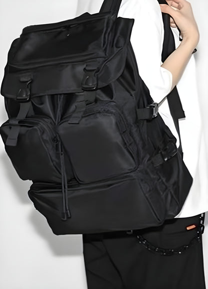 Back view of a black Japanese streetwear backpack featuring durable construction and ergonomic straps.