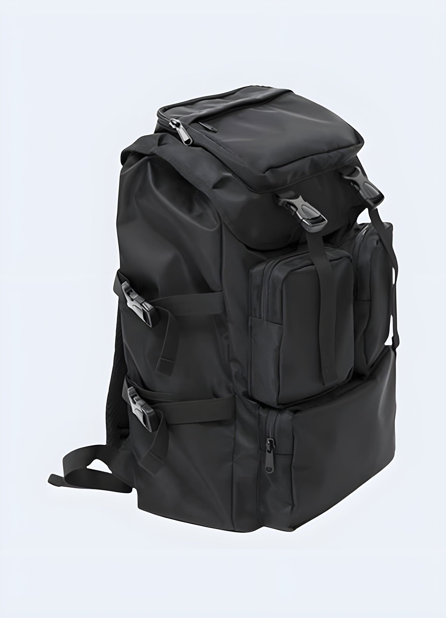 Front view of a black Japanese streetwear backpack featuring minimalist design and premium materials.