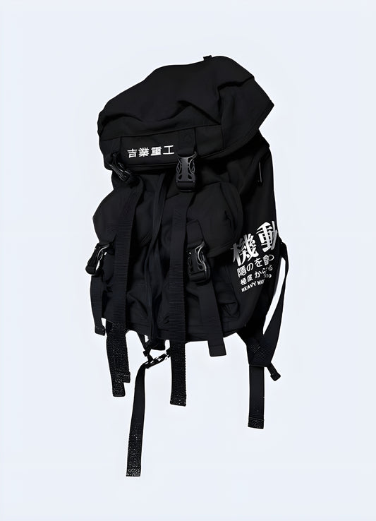 Front view of a black Japanese streetwear backpack featuring minimalist design and premium materials.