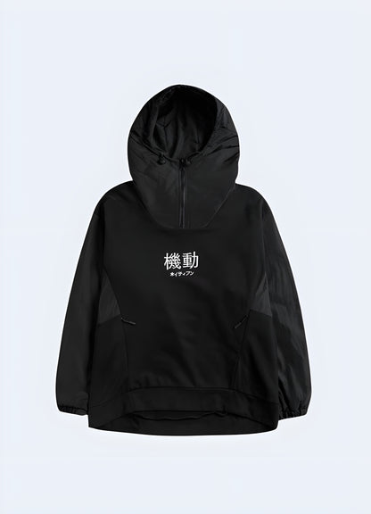 The high zipper collar and large hood provide a protective shell japanese techwear hoodie.