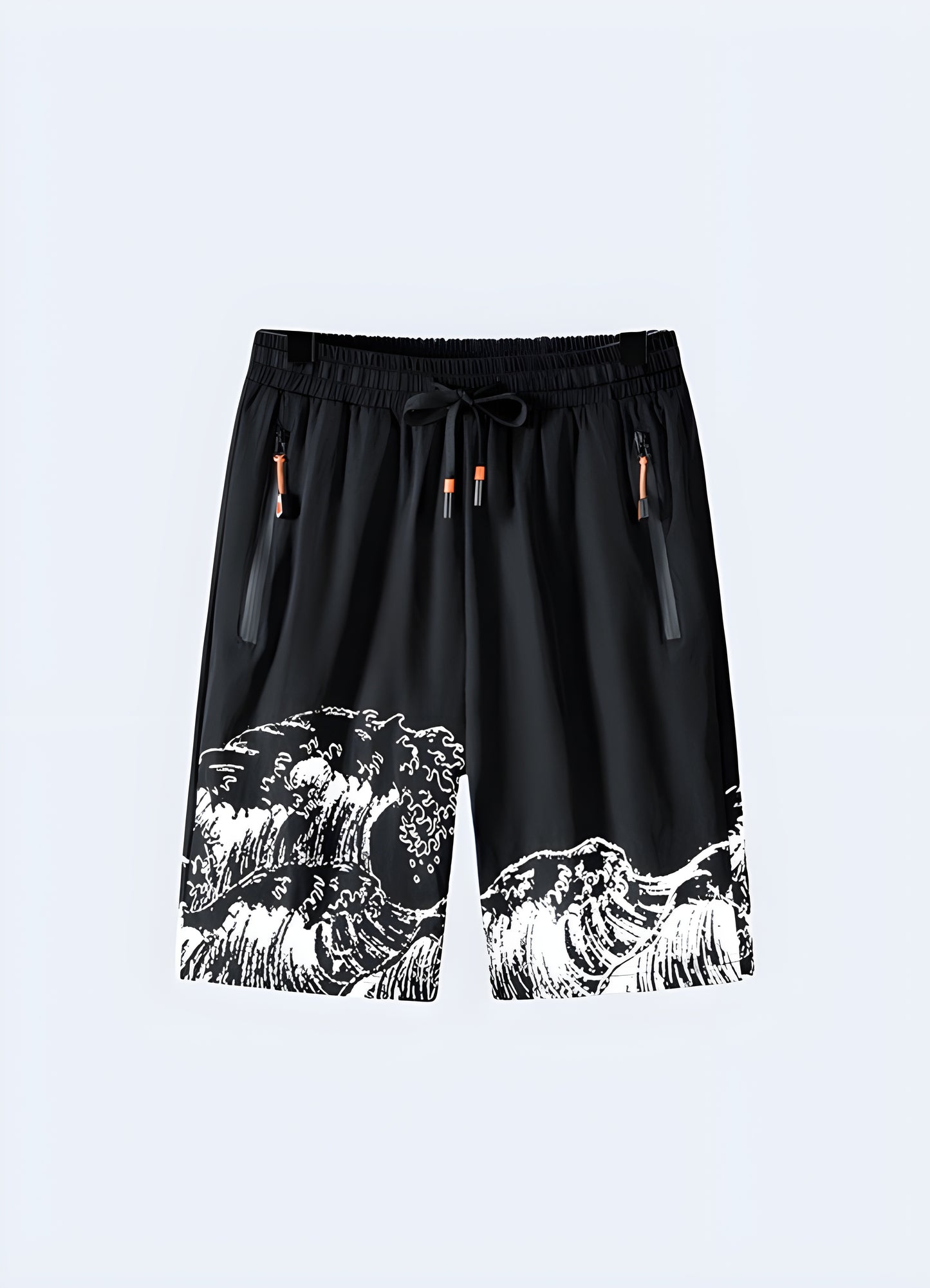 Blue denim shorts with wave graphic japanese wave shorts.