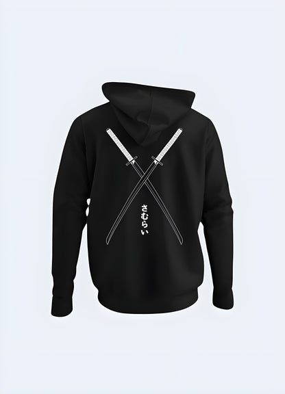 Black hoodie with katana graphic.