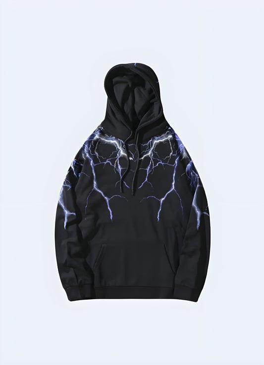 Design  techwear, ninja techwear, cyberpunk lightning hoodie.