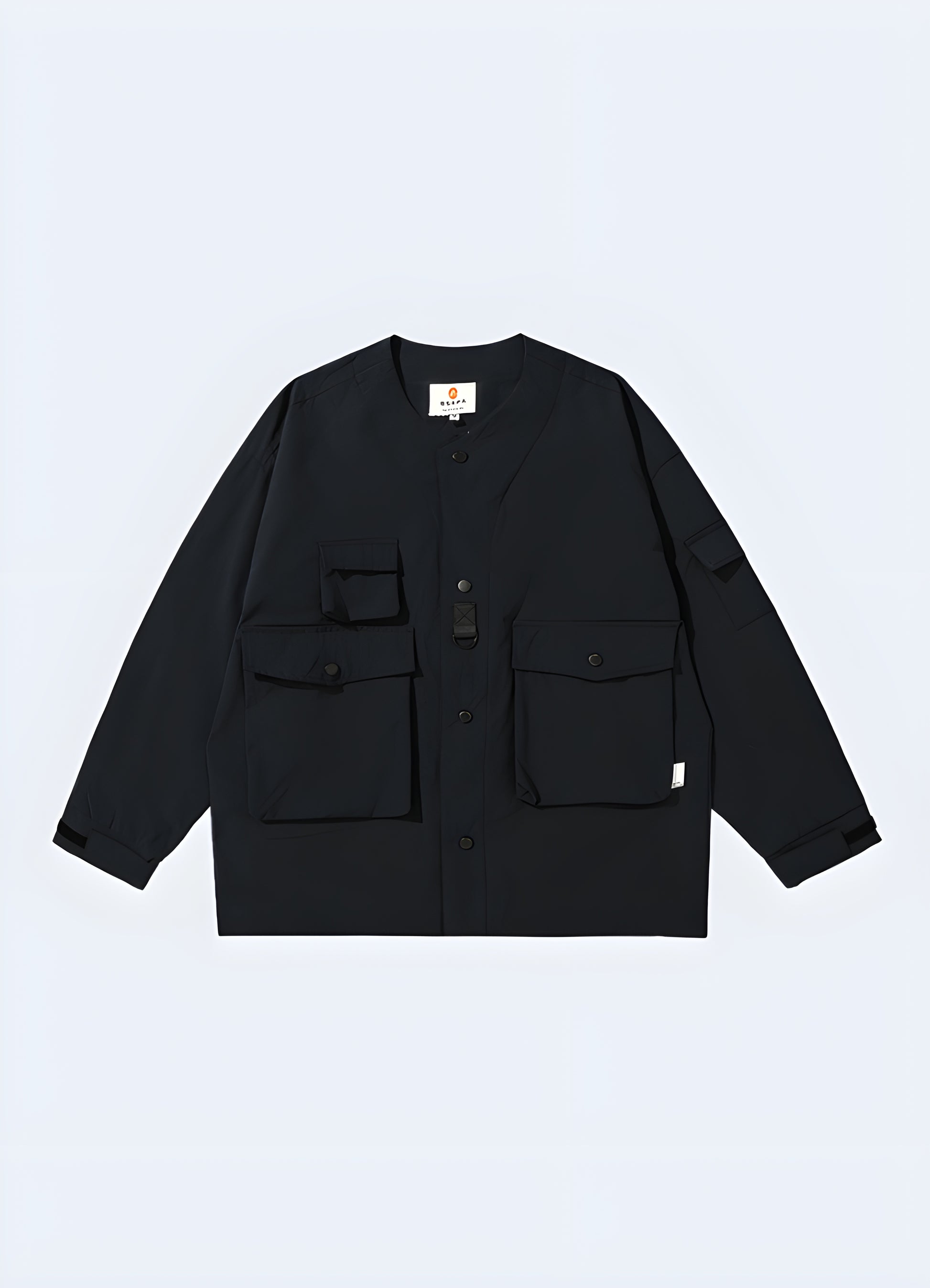 Admire the timeless silhouette and functional design elements of this Japanese work coat.