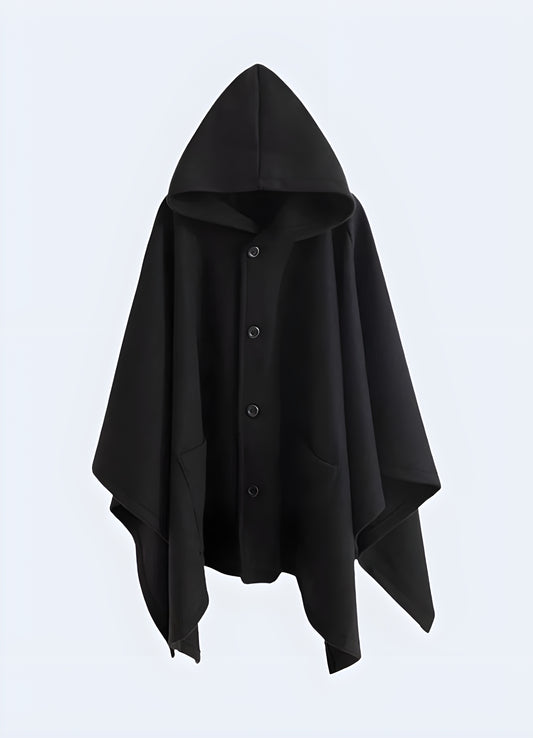 Black hooded poncho with front pockets.