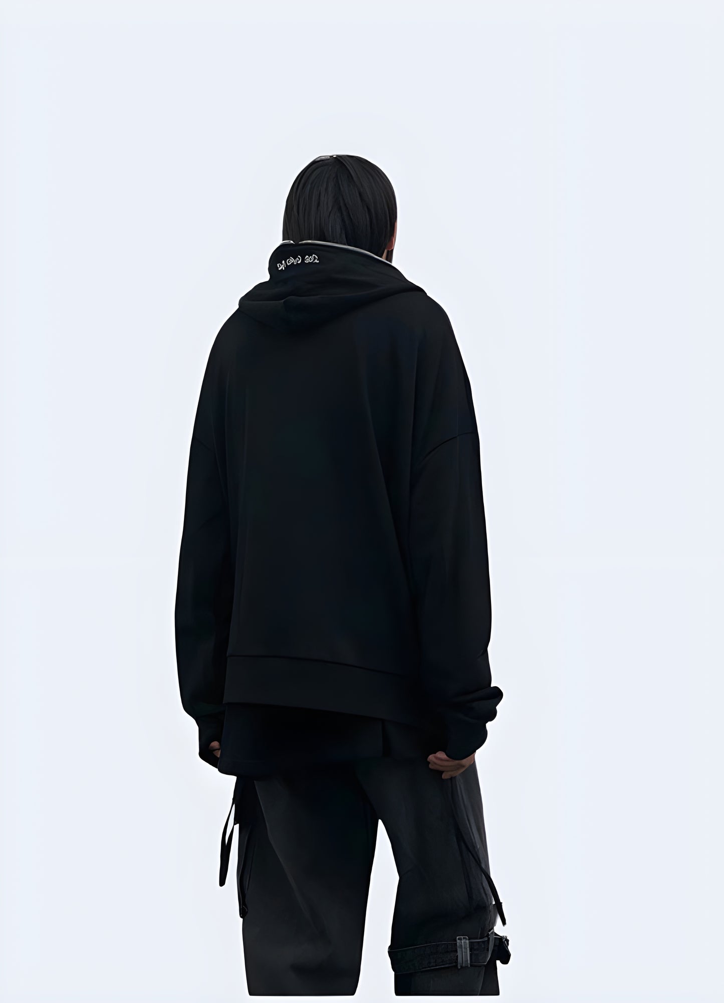 Japanese streetwear, urban style black grunge hoodie.