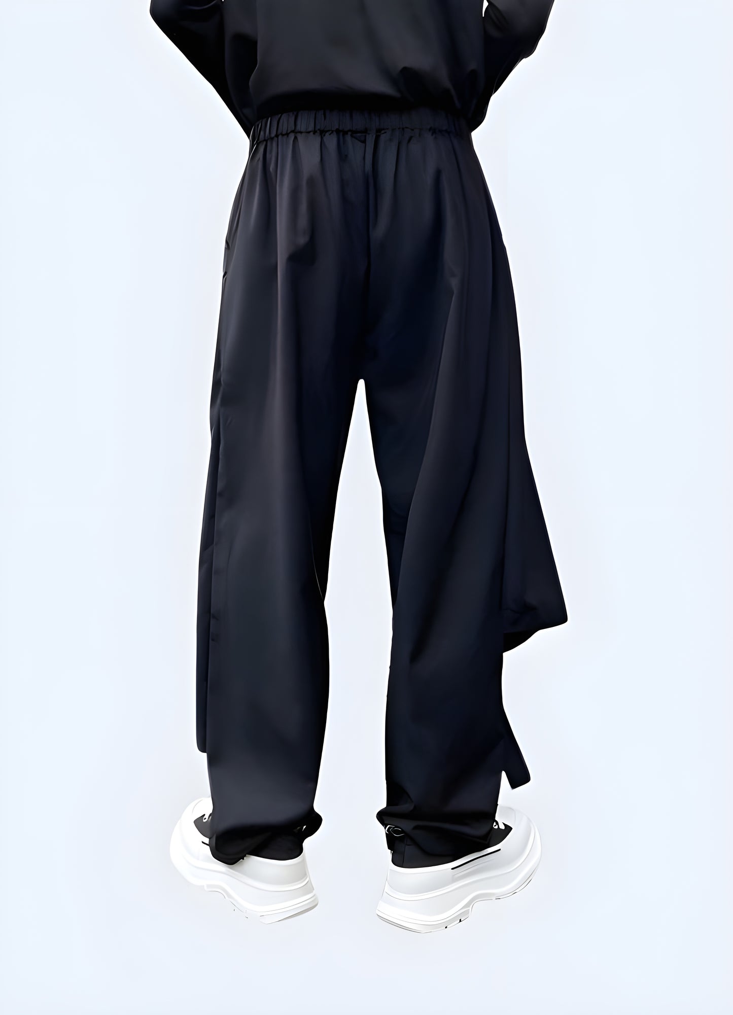 Multiple layers black hakama pants.