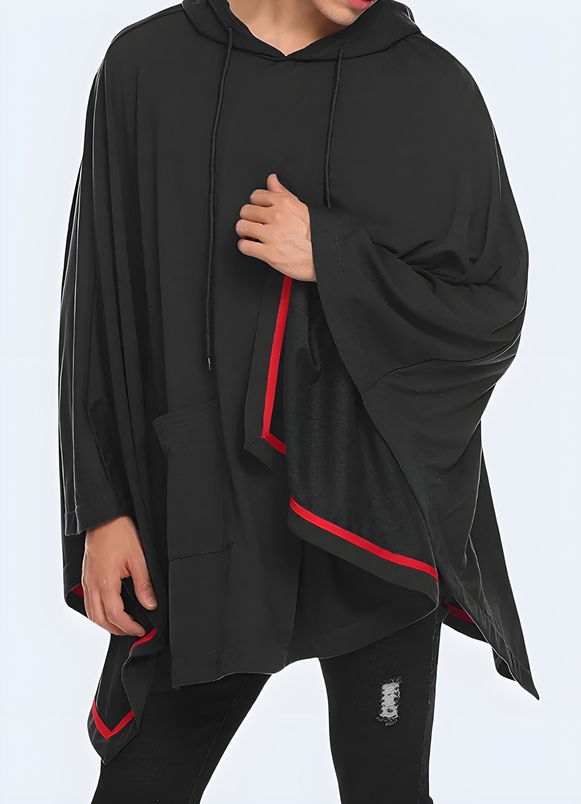 Tailored for both black hooded poncho with pockets.