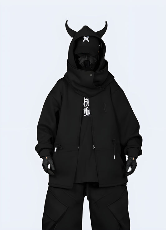 This black hoodie with horns is an ideal softshell to complete your techwear outfit.