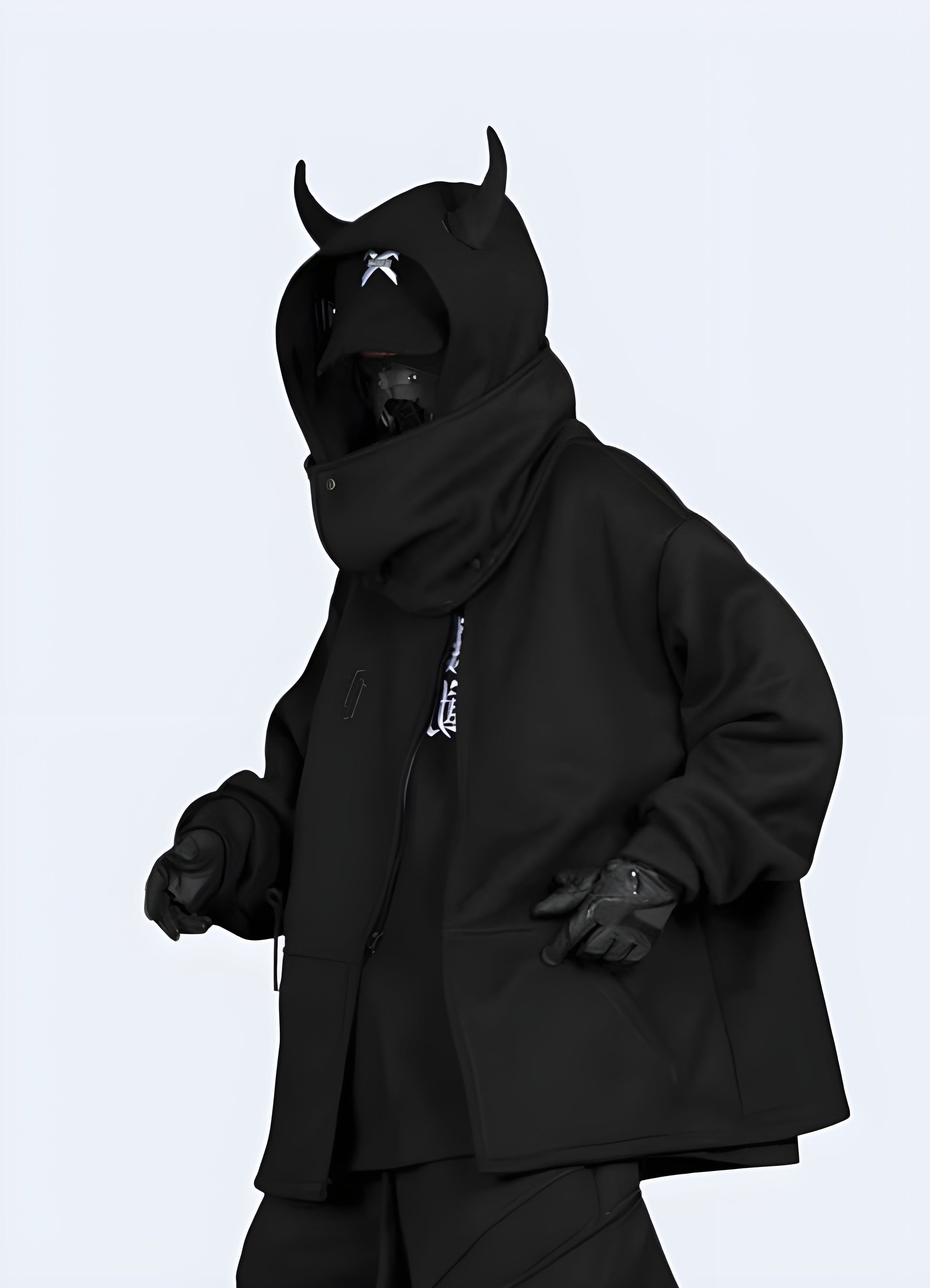 Cyberpunk, military, futuristic design black hoodie with horns.