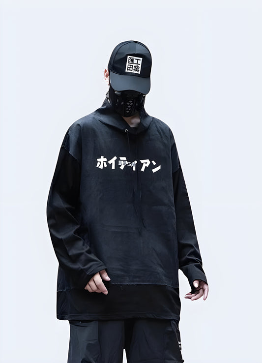  Cozy up in oversized cool with this sleek black japanese hoodie.