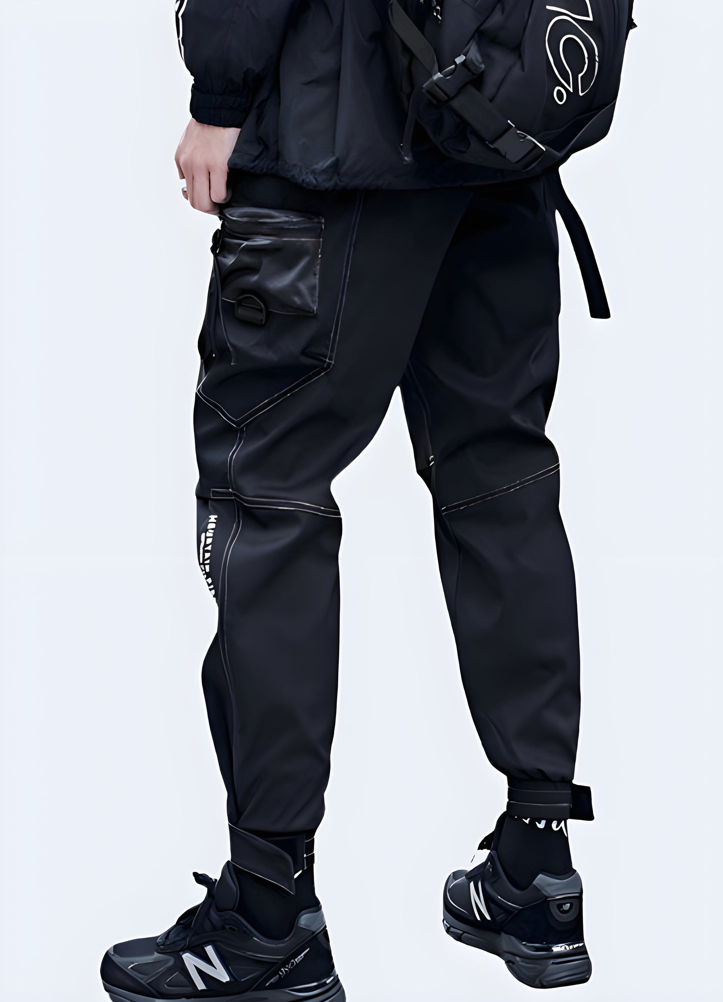 Stretchy, techwear aesthetic, modern design slim-fitting black cargo pants.