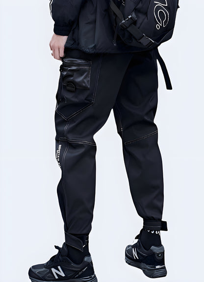 Stretchy, techwear aesthetic, modern design slim-fitting black cargo pants.