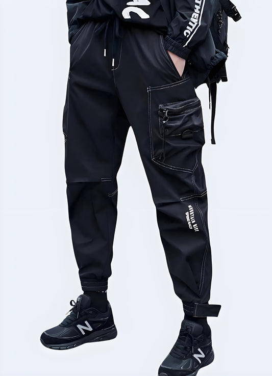 Urban jungle in sleek confidence with these slim-fitting black cargo pants.