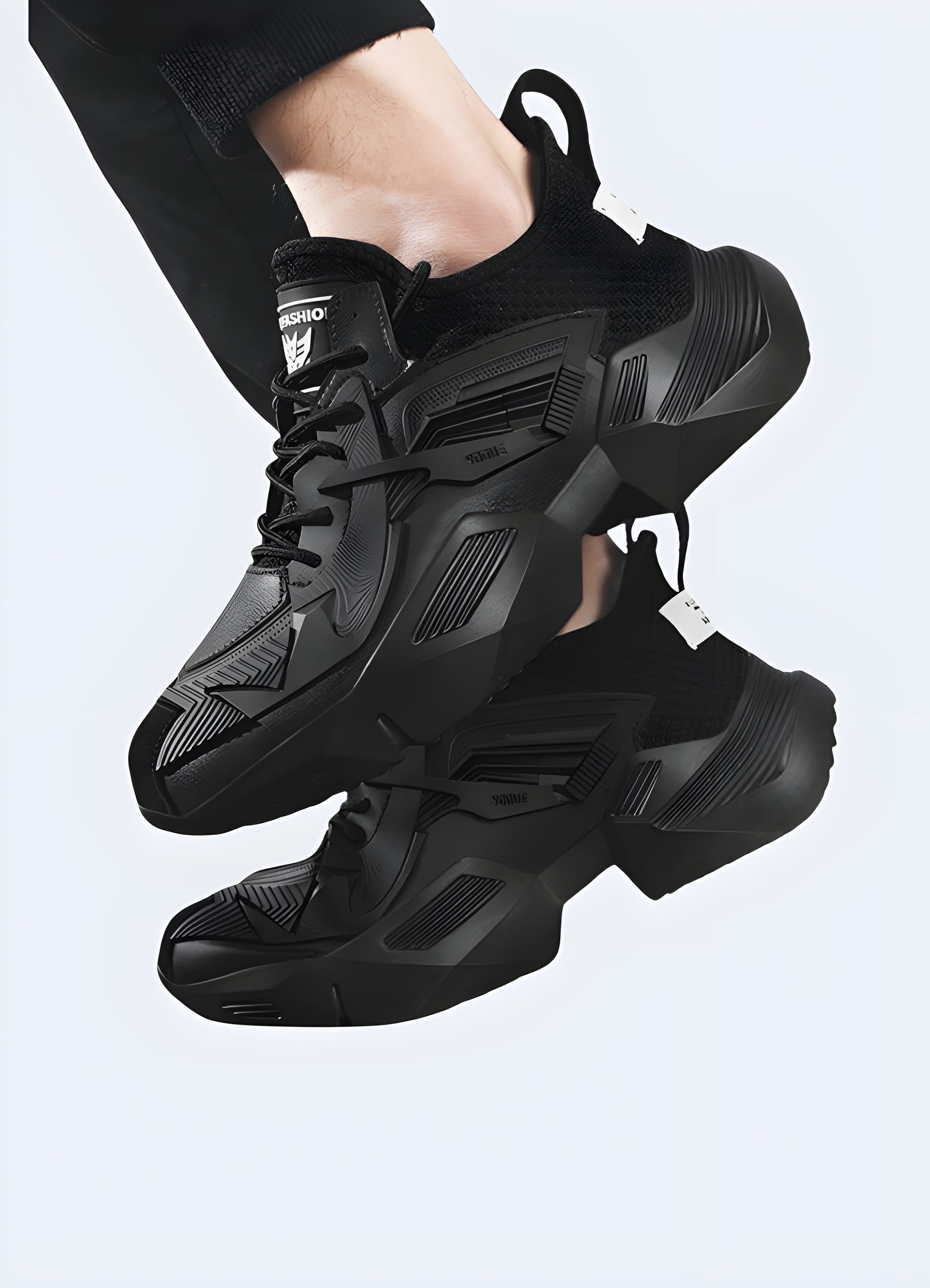 Toggle lace-up closure black streetwear sneakers.