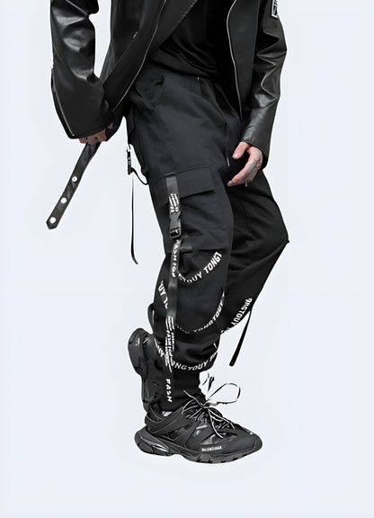 Smooth technical fabric, drawstring closure black techwear cargo pants.