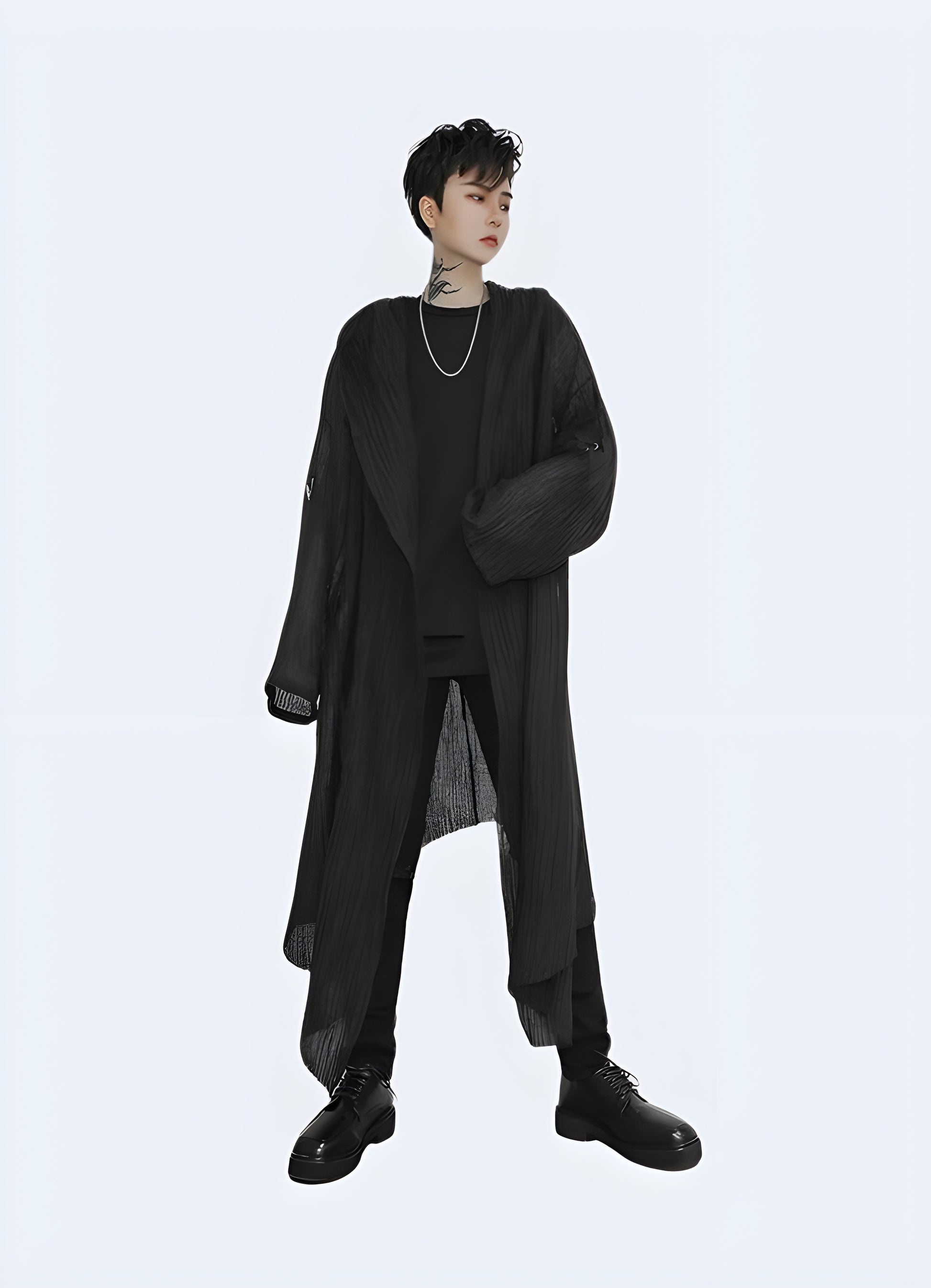 Cloak with hood v neck collar style.