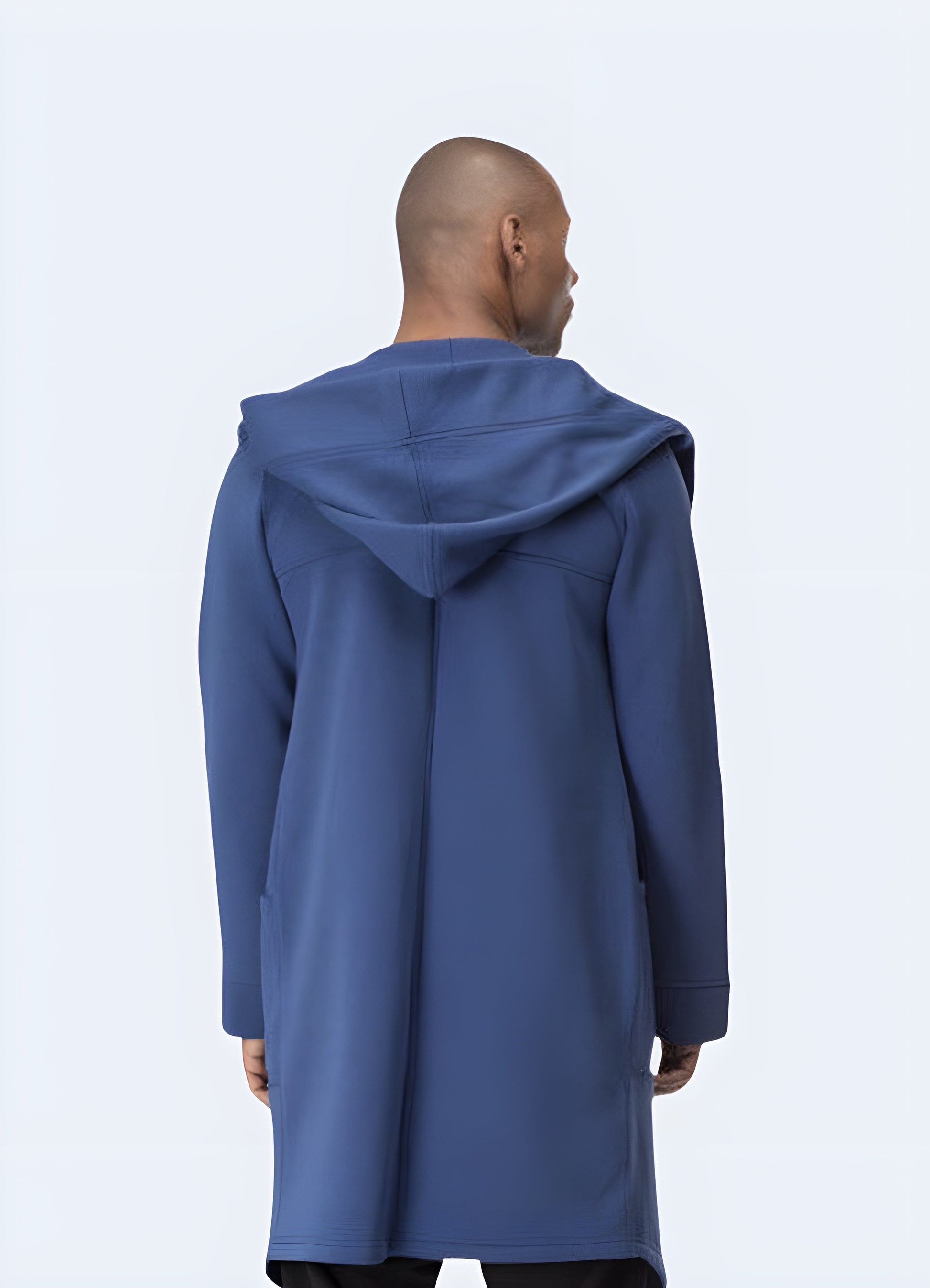 Showcasing the asymmetric design and armored elements blue back view.