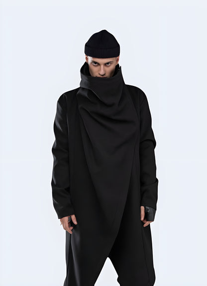  Futuristic armored style with asymmetric design cyberpunk cloak black. 