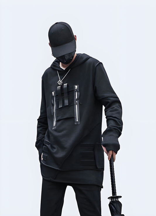 Function zipper patchwork cyberpunk samurai hoodie.