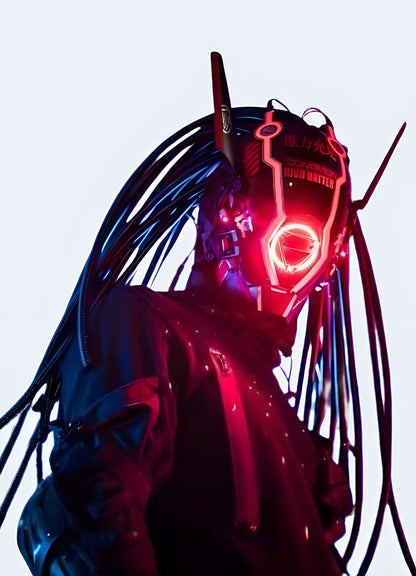 Features red glowing eyes cyberpunk samurai mask helmet.