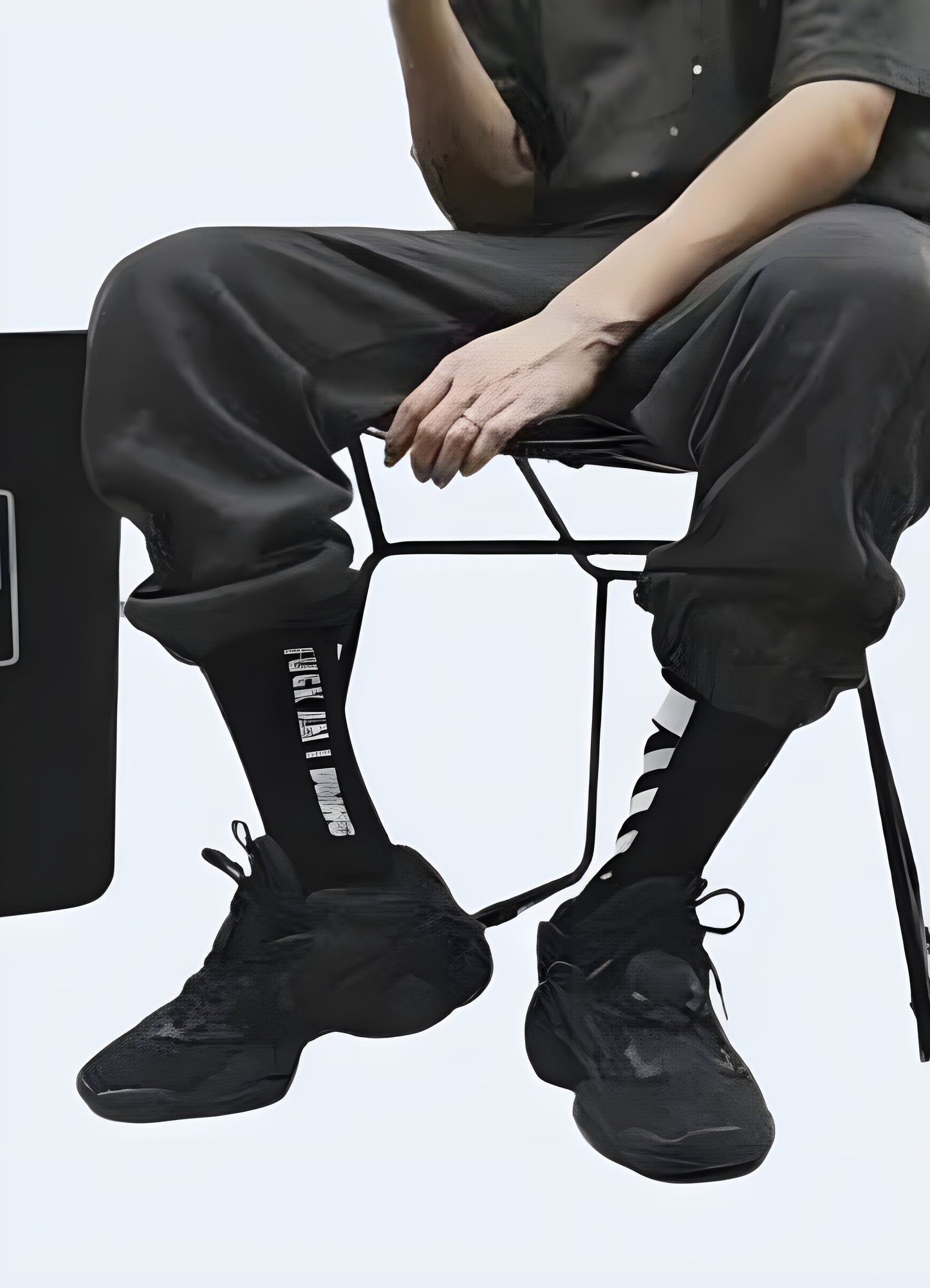 Front view of a wearing cyberpunk socks, showcasing the bold and futuristic style streetwear scene.