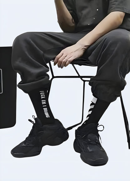 Front view of a wearing cyberpunk socks, showcasing the bold and futuristic style streetwear scene.