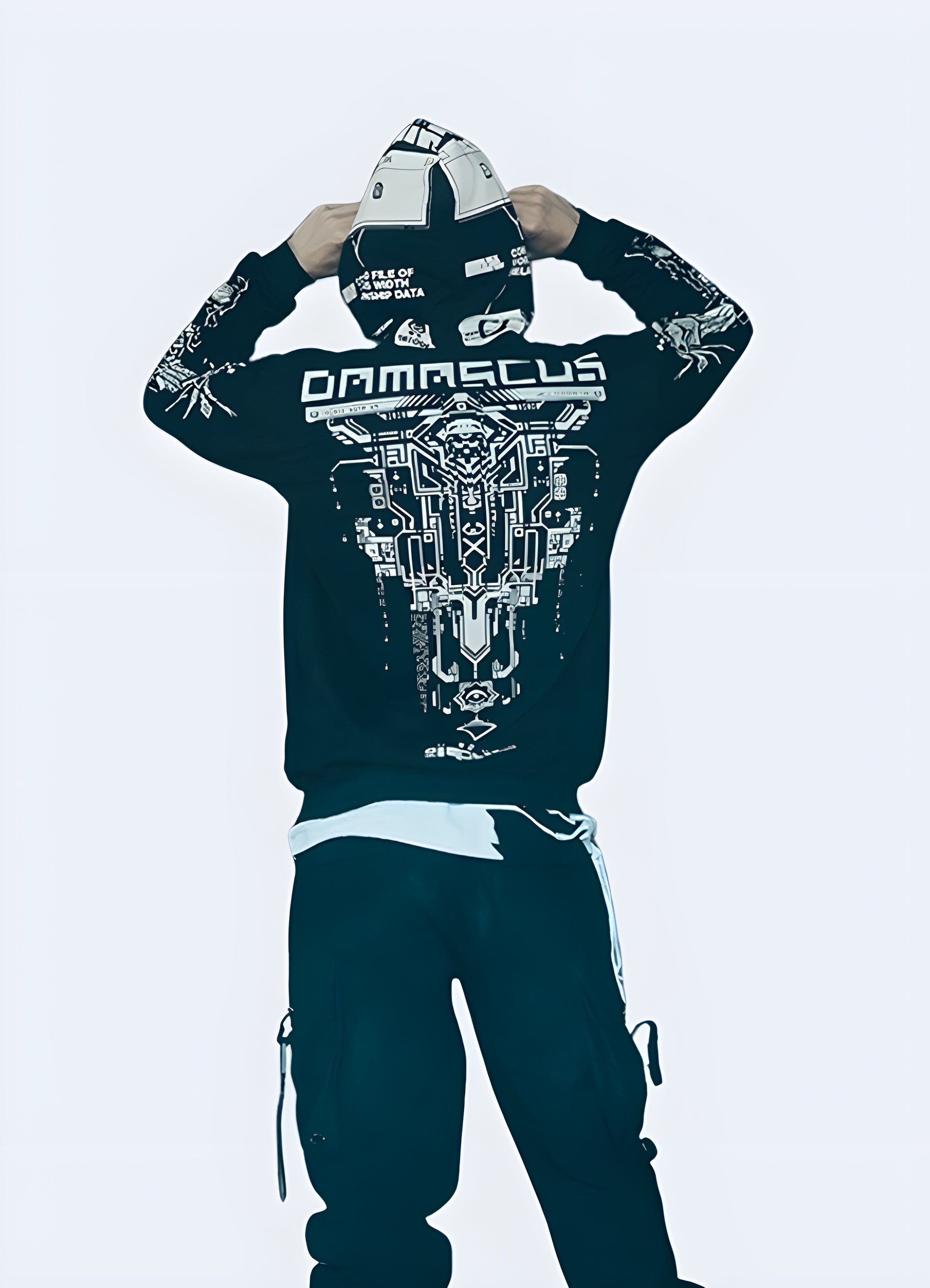 Man wearing a cyberpunk techwear hoodie – Back view | Futuristic black hoodie with high-tech design and urban streetwear style.