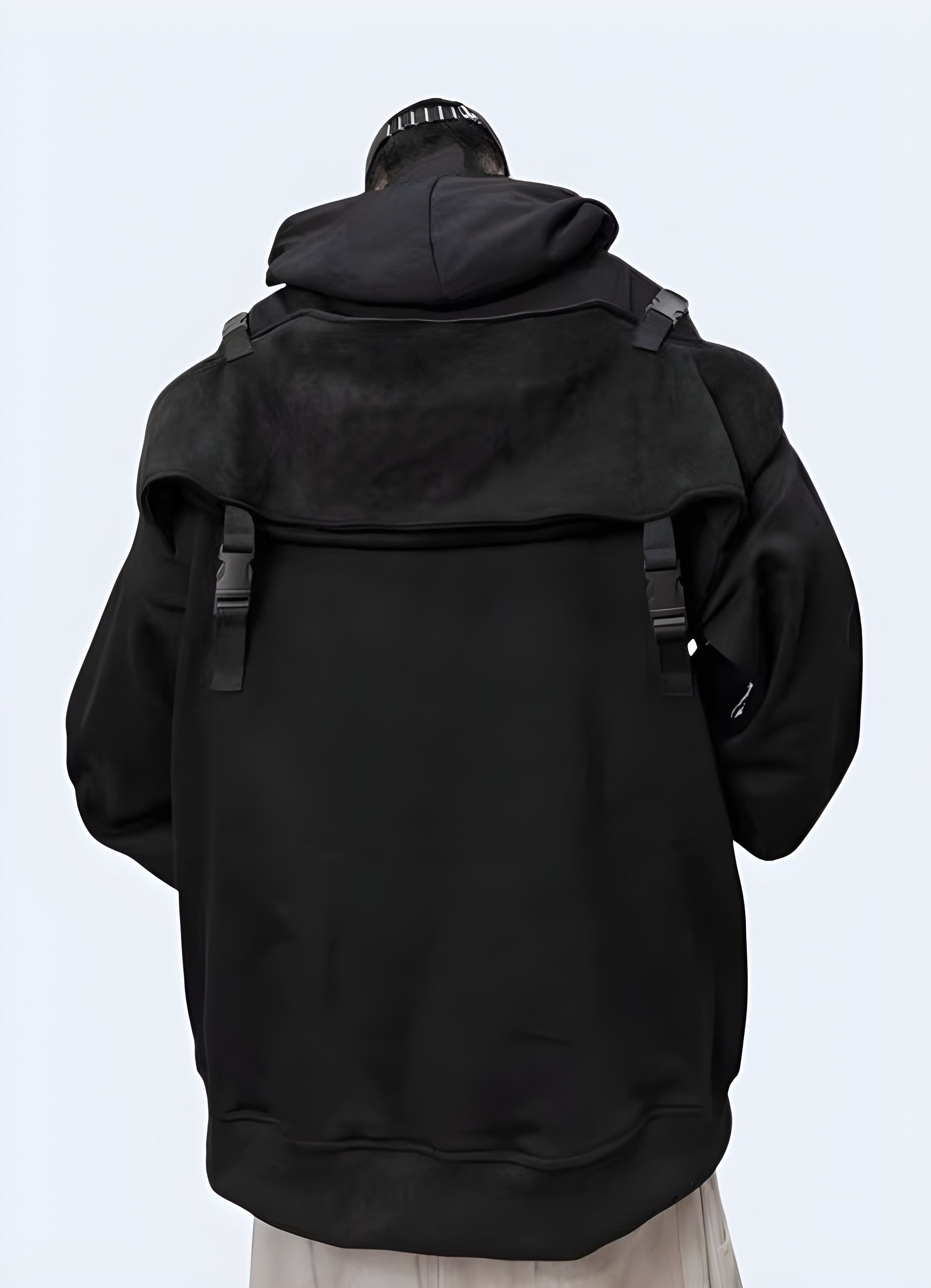 Man wearing a functional hoodie, back view—showcasing a sleek, modern design with utility features and a comfortable fit for everyday wear.
