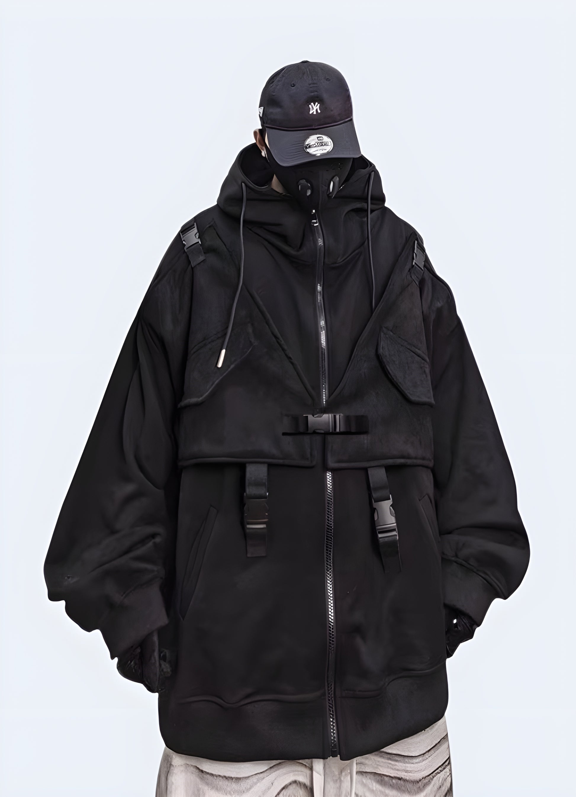 Double layer design large hood black functional hoodie.