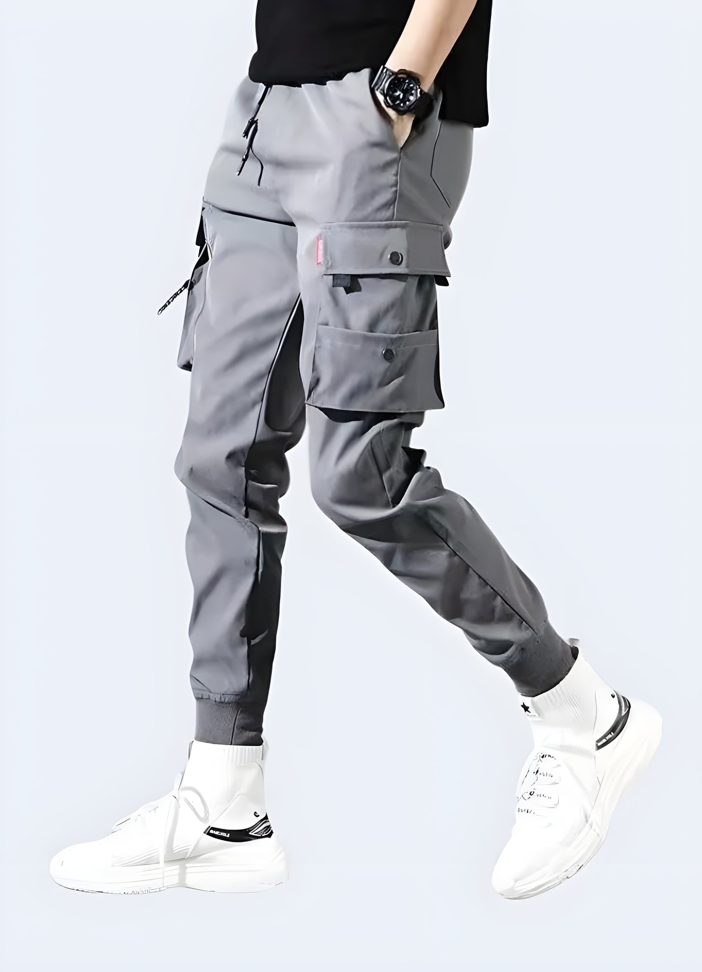 Close-up of the hidden pockets with everyday essentials grey slim fit cargo pants.