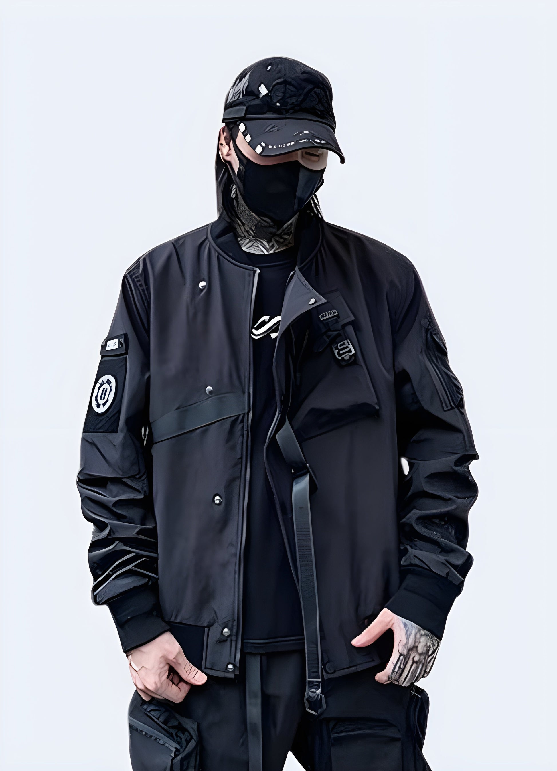 Front view of a man wearing an edgy Grim Reaper printed jacket, featuring a bold graphic design and a comfortable fit, ideal for those seeking a statement piece or alternative fashion style.