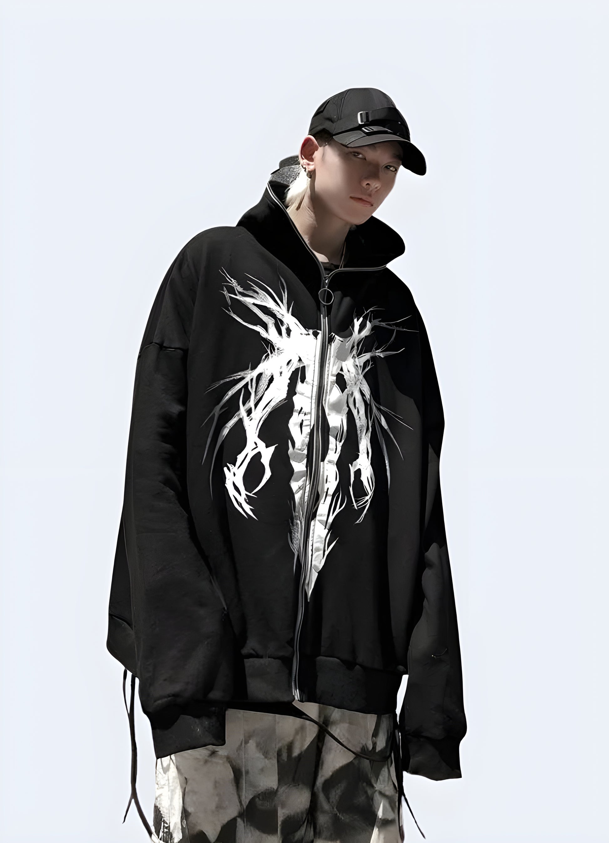 Cyberpunk, military, futuristic design grunge black hoodie.
