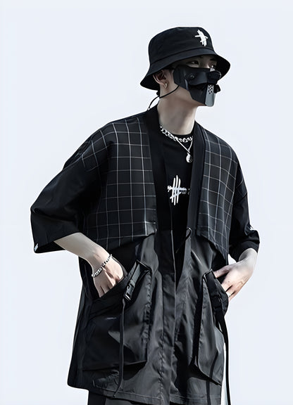 Patchwork style kimono japanese black kimono.