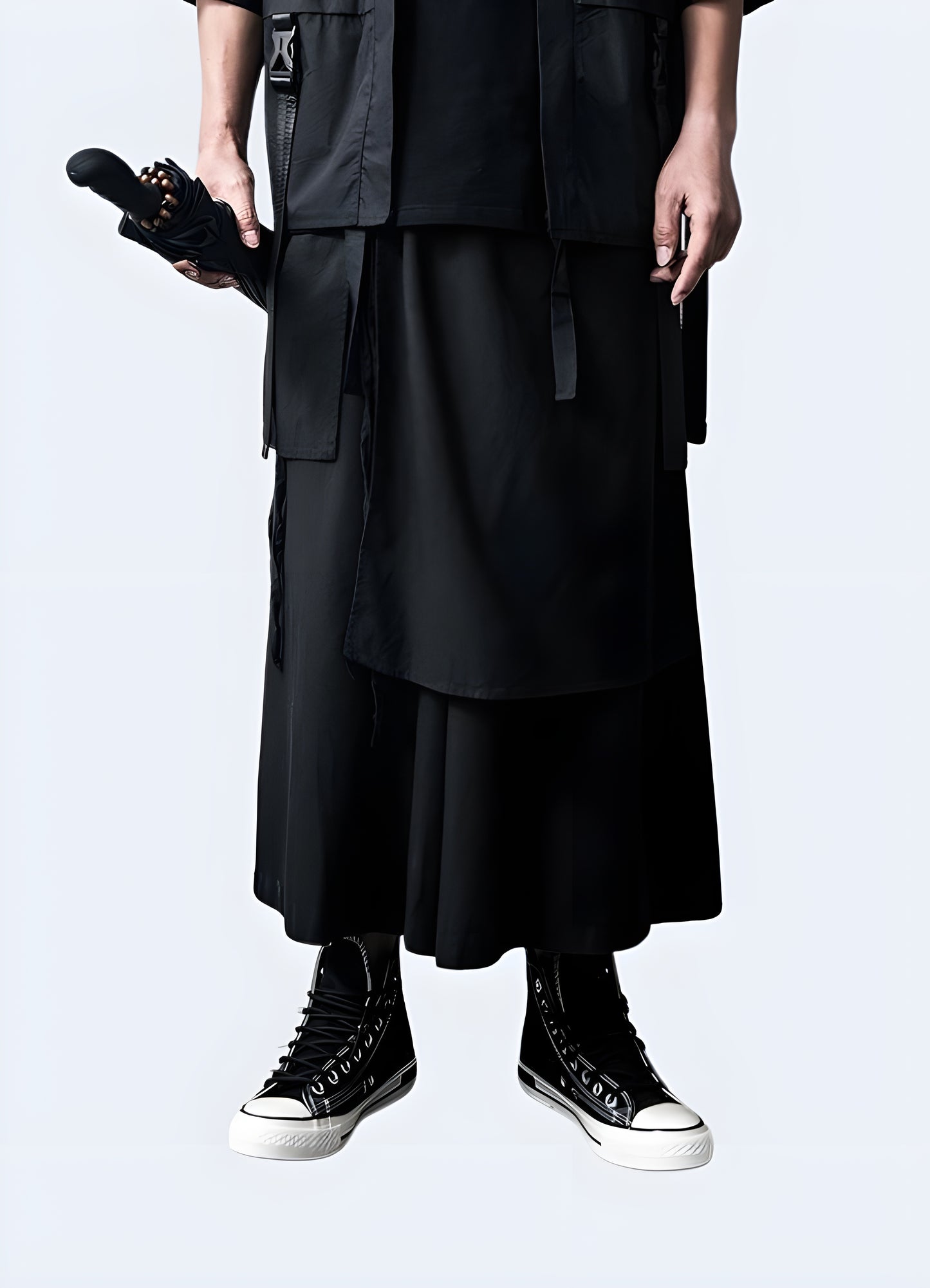 Samurai-inspired bushido pants black front side.