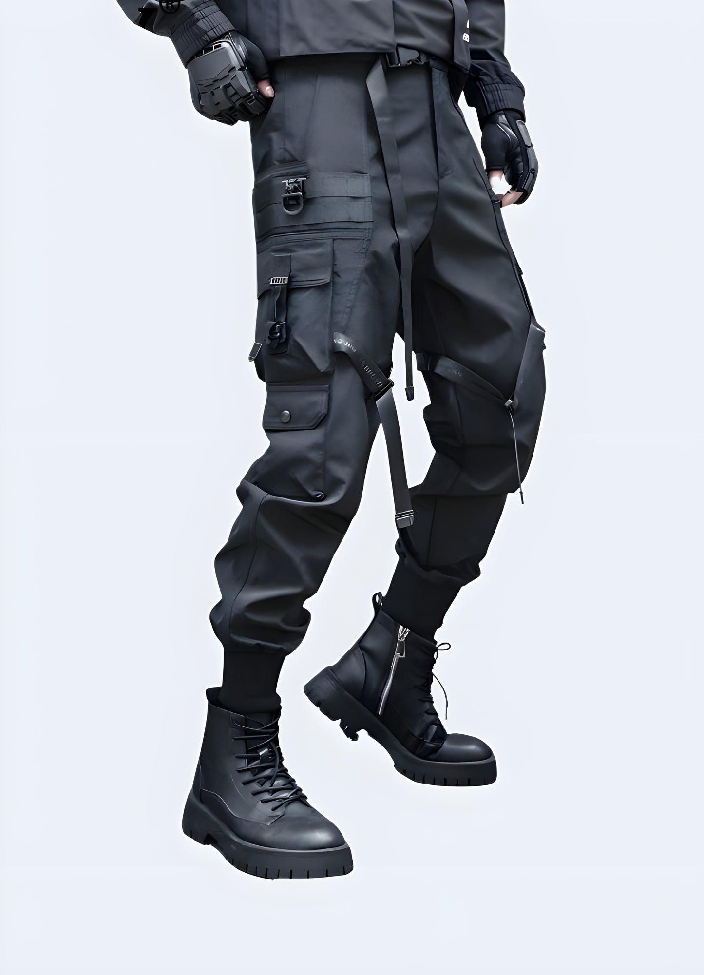 Tactical techwear-inspired cargo pants black.