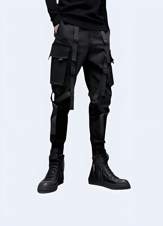 Futuristic darkwear-style pants black front side.