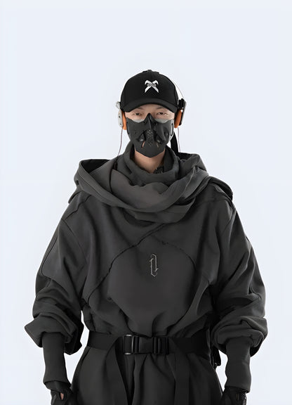 Integrated scarf cyber ninja, high-street style dark grey functional hoodie.