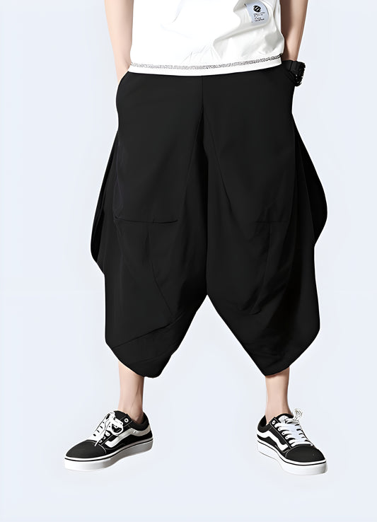 Men wearing flowy japanese inspired harem black pants.