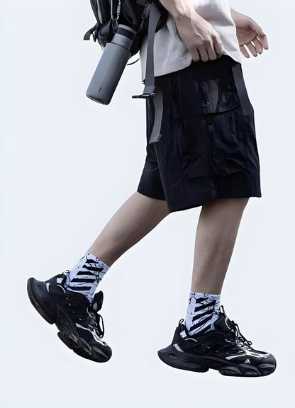 These street shorts are designed with a detachable first layer samurai printed denim shorts black.