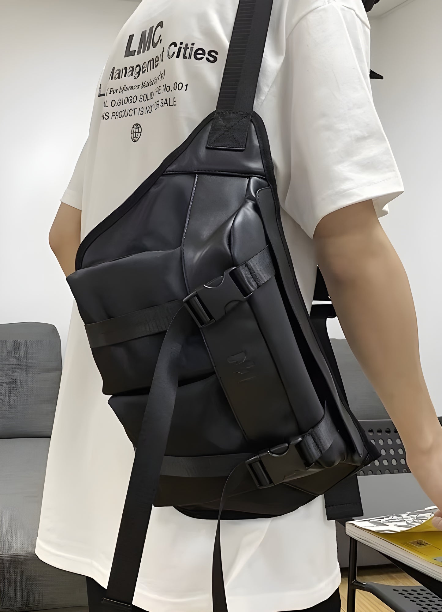 Magnetic snap closure unisex streetstyle sling bag streetwear.