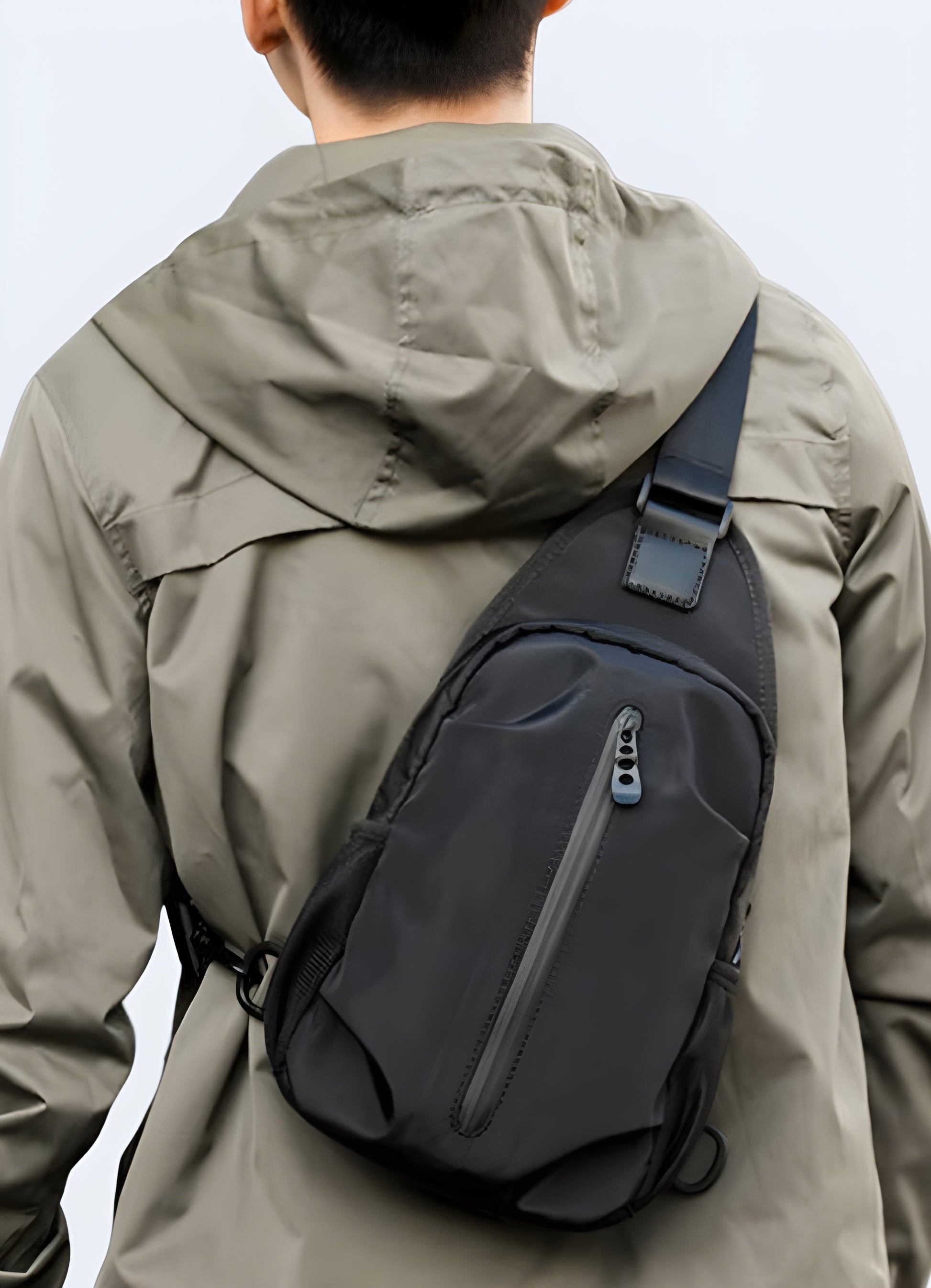 Padded, adjustable strap minimalist sling bag secure foldover closure.